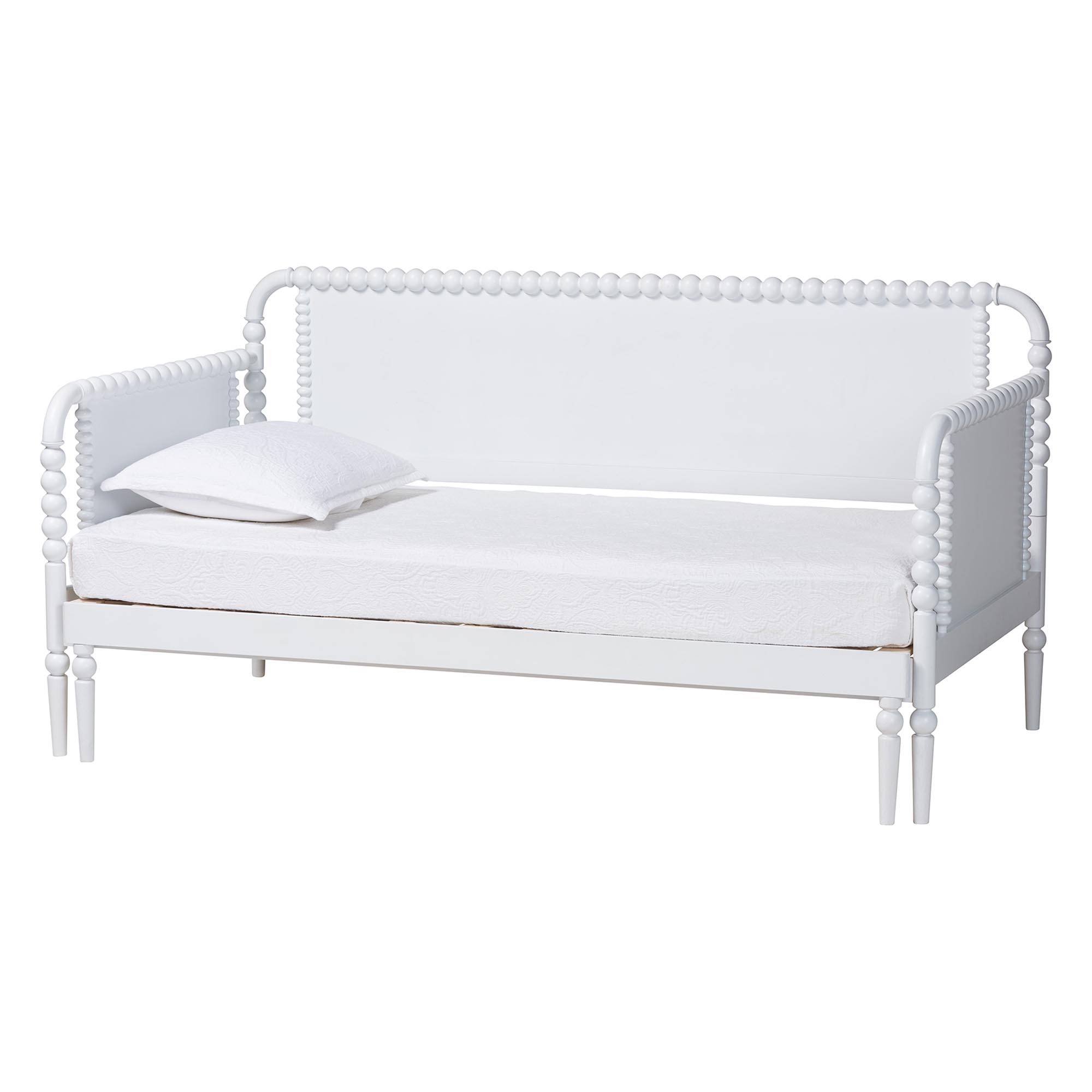 Baxton Studio Lucera Bobbin Twin-To-King Expandable Daybed - Wood Bed Frame with Turned Spindle Detailing, Classic Style Sofa Bed for Bedroom or Guest Room, White Affordable modern furniture in Chicago, classic bedroom furniture, modern twin size, cheap twin size